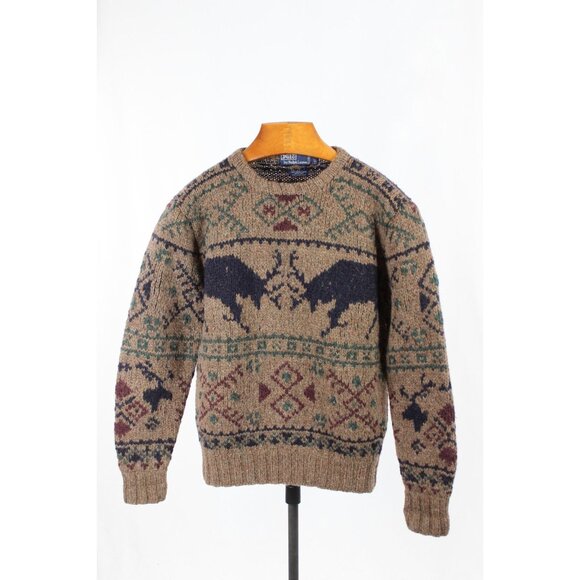 Men's POLO RALPH LAUREN Brown Reindeer Deer Wool Knit Handknit Sweater, Size S - Picture 1 of 10